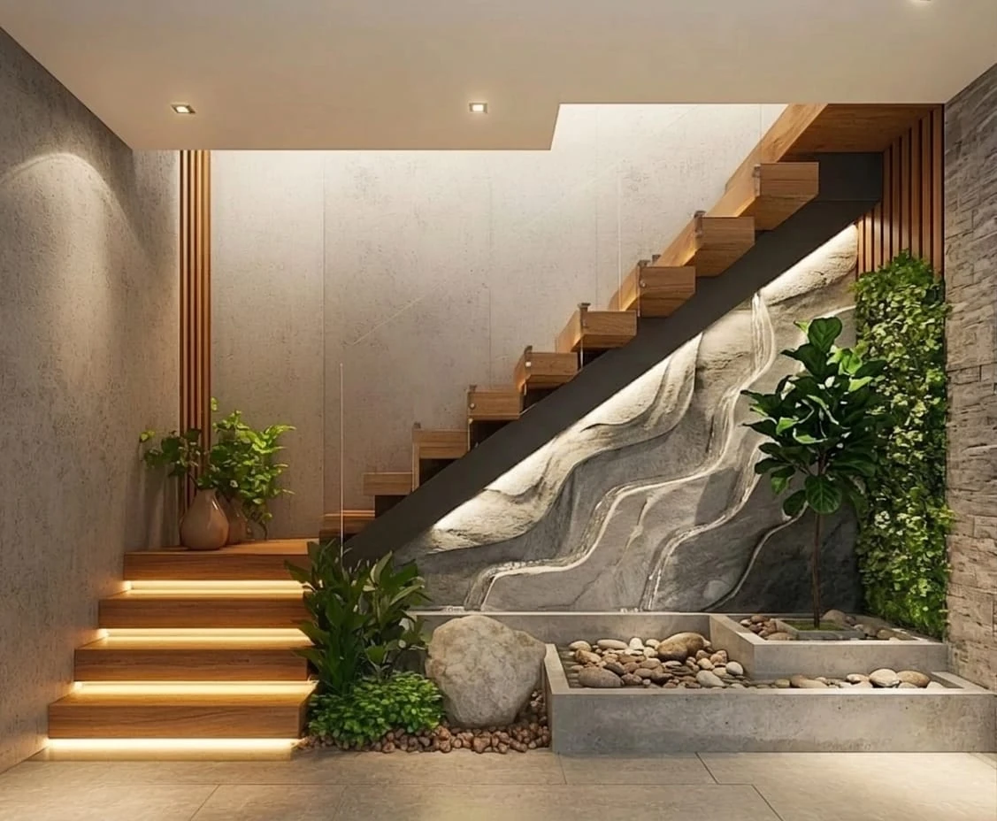 Under-Stairs Architectural Oasis and Biophilic Waterfalls