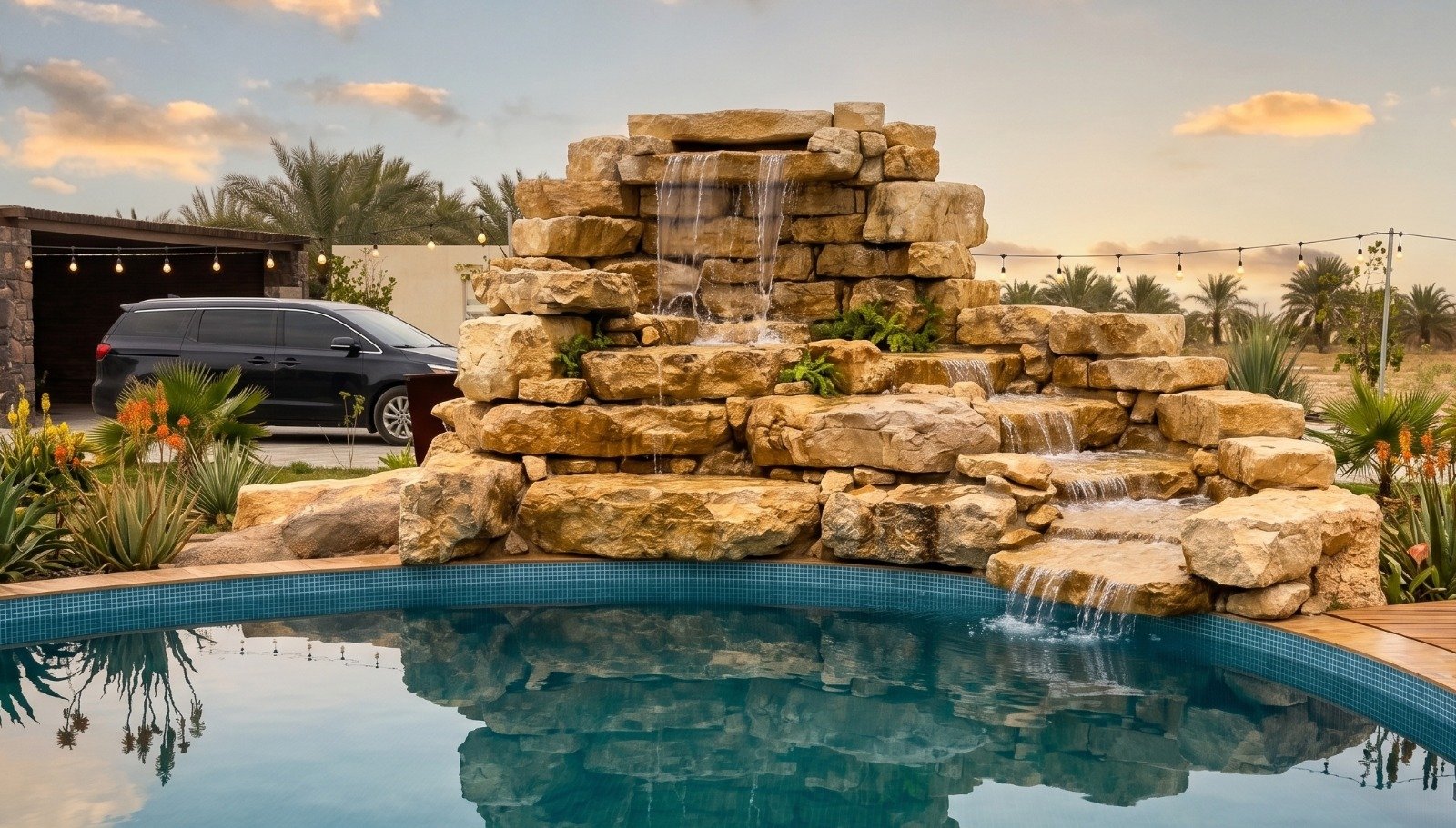 Custom rock waterfalls and swimming pool cascades