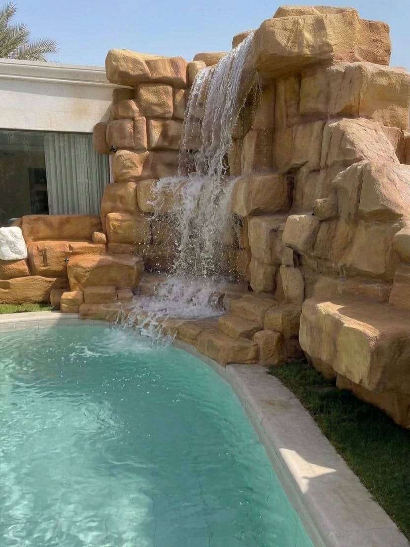 Sandstone rock waterfall pouring into swimming pool