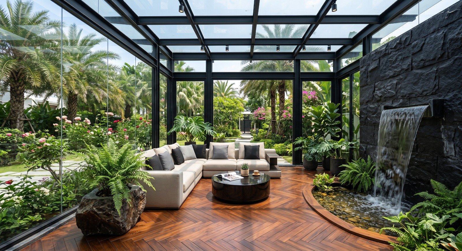 Architectural glasshouse lounge with bespoke rock waterfall and koi pond